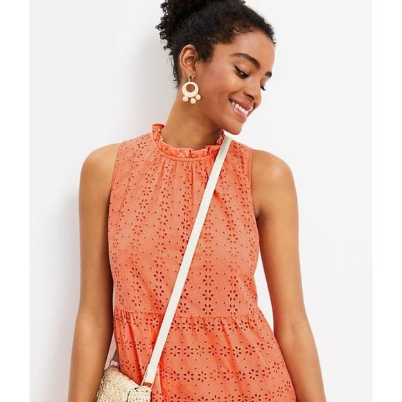 LOFT Women's Lively Coral Ruffled Neck Eyelet Tiered Swing Dress Size Medium NWT - Picture 2 of 11